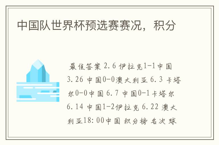 中国队世界杯预选赛赛况,积分
