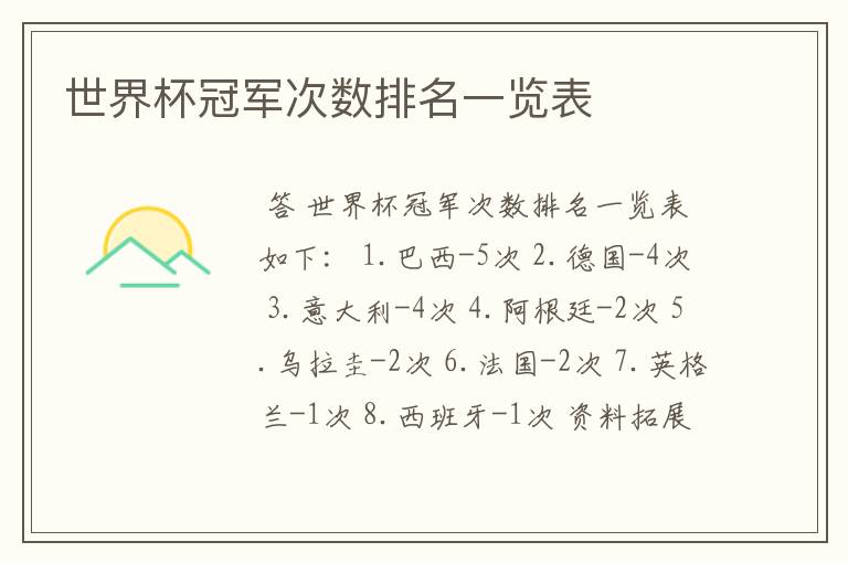 世界杯冠军次数排名一览表