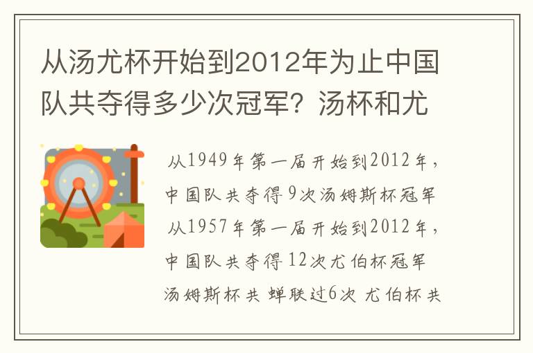 从汤尤杯开始到2012年为止中国队共夺得多少次冠军?汤杯和尤杯各蝉联过几次冠军?获得冠军的时间和