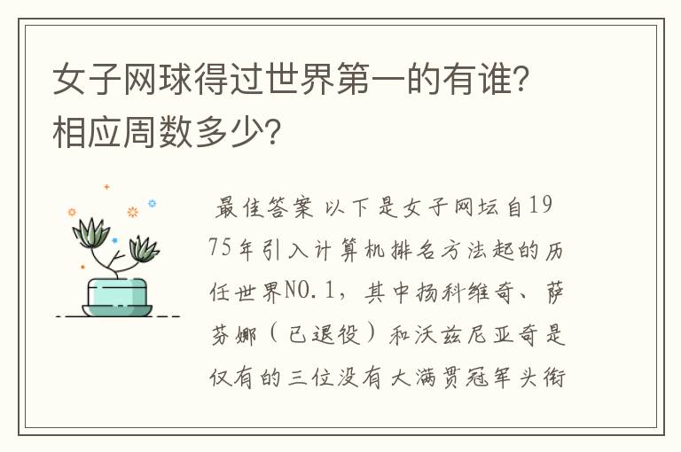 女子网球得过世界第一的有谁?相应周数多少?