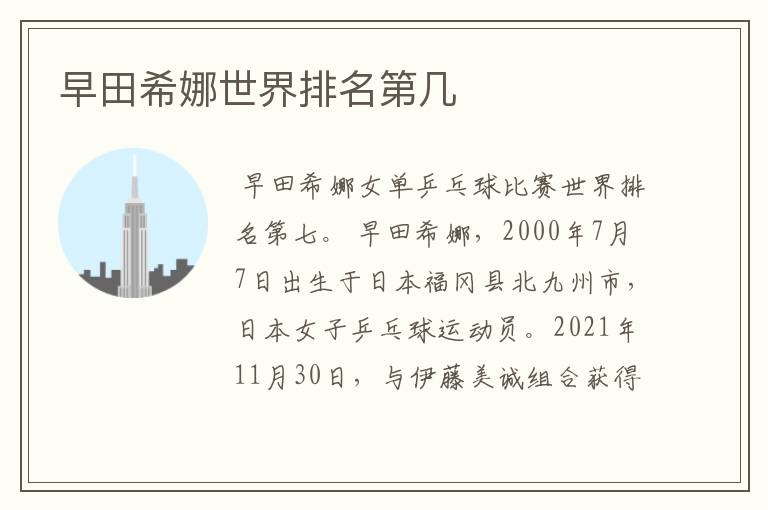 早田希娜世界排名第几