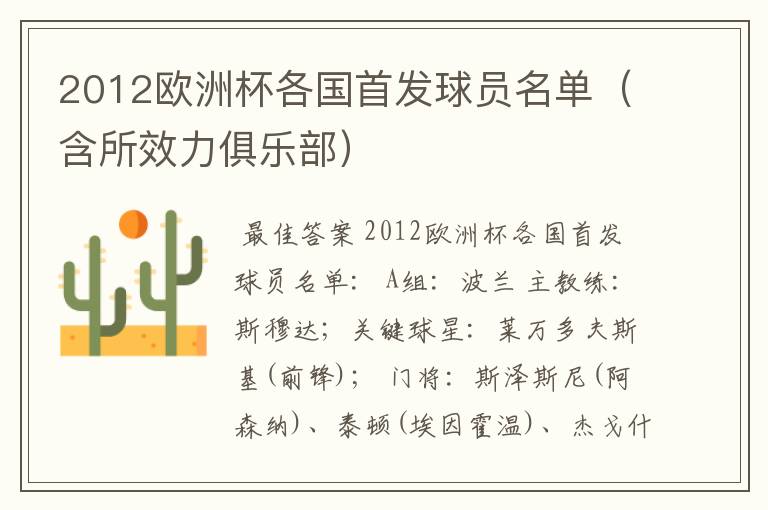 2012欧洲杯各国首发球员名单(含所效力俱乐部)