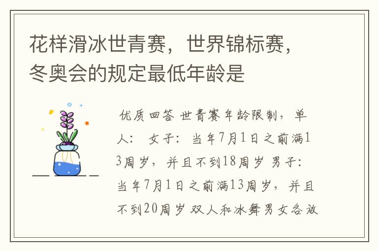 花样滑冰世青赛，世界锦标赛，冬奥会的规定最低年龄是