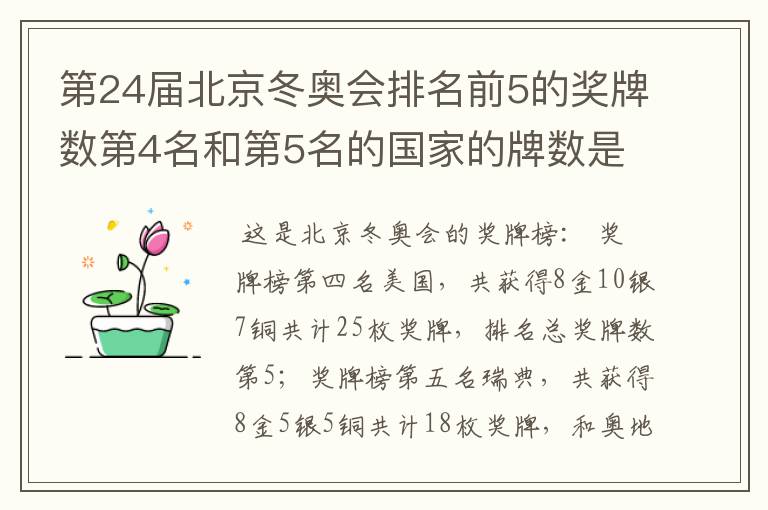 第24届北京冬奥会排名前5的奖牌数第4名和第5名的国家的牌数是多少?