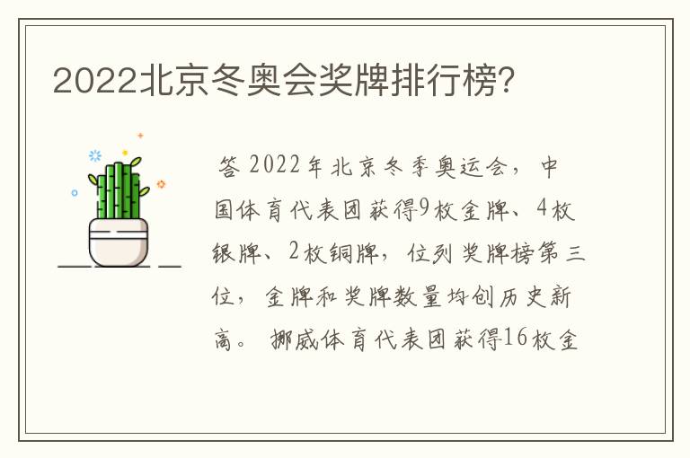 2022北京冬奥会奖牌排行榜?