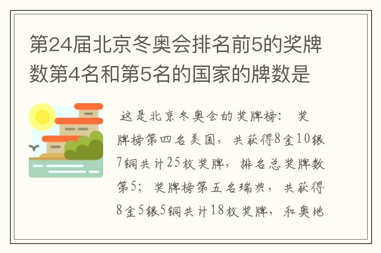 第24届北京冬奥会排名前5的奖牌数第4名和第5名的国家的牌数是多少?