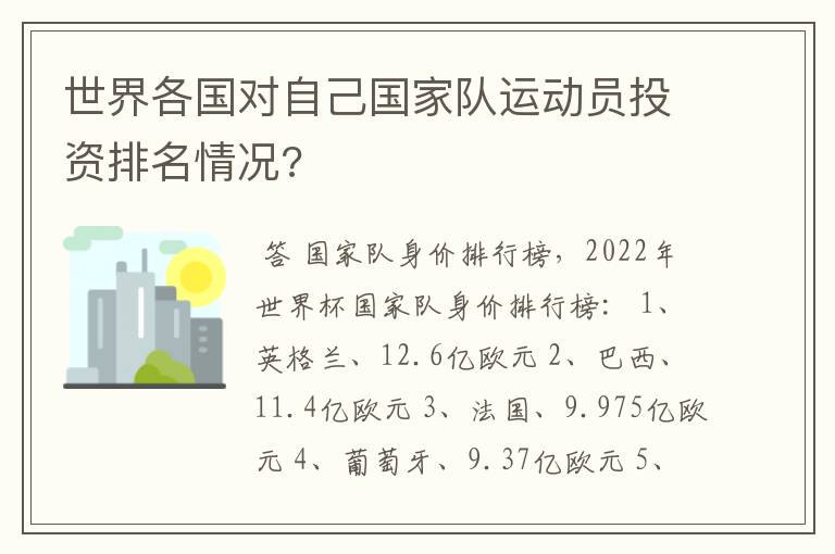 世界各国对自己国家队运动员投资排名情况?