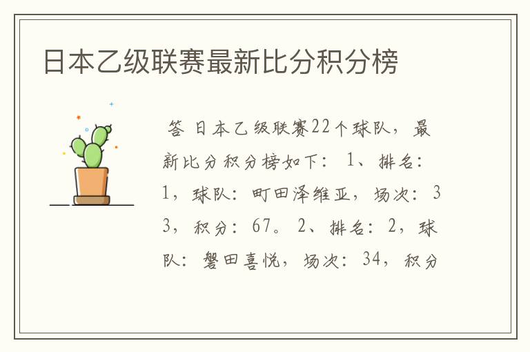 日本乙级联赛最新比分积分榜