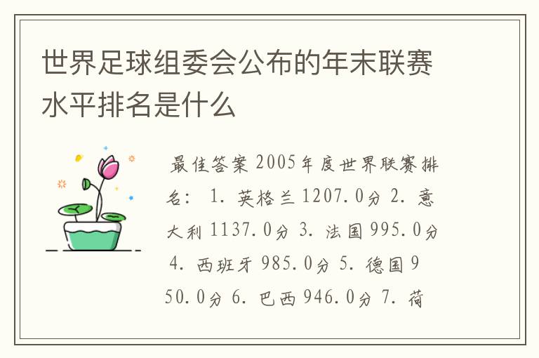 世界足球组委会公布的年末联赛水平排名是什么