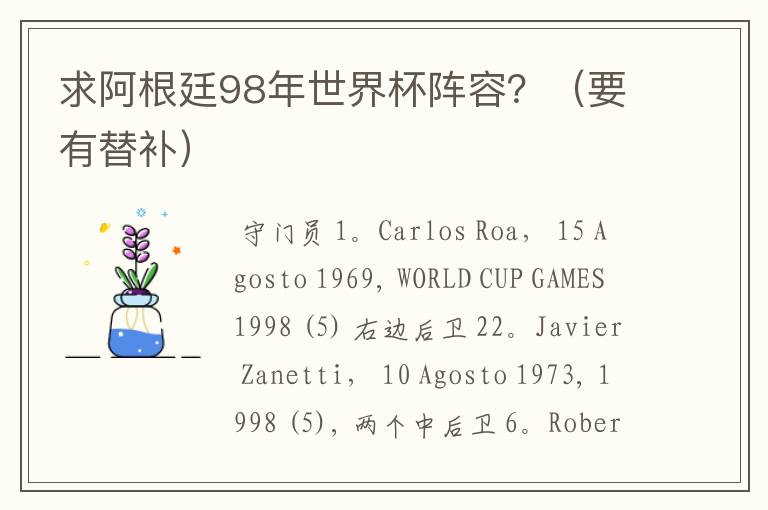 求阿根廷98年世界杯阵容?(要有替补)