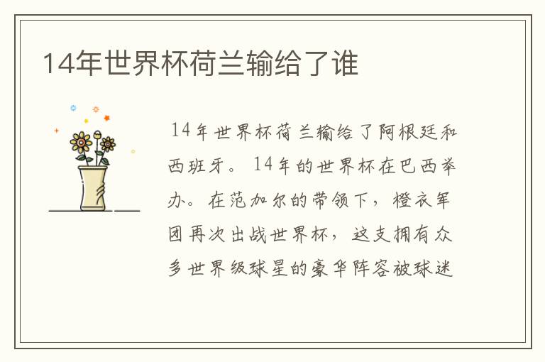 14年世界杯荷兰输给了谁