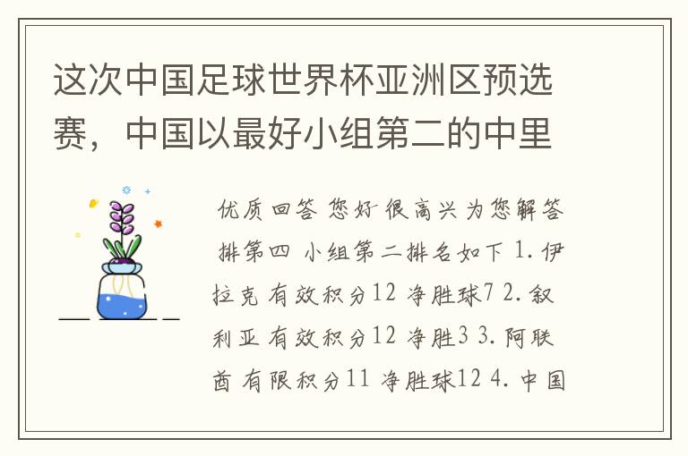 这次中国足球世界杯亚洲区预选赛,中国以最好小组第二的中里面排第几出现。积分表