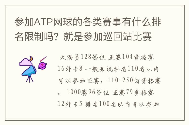 参加ATP网球的各类赛事有什么排名限制吗?就是参加巡回站比赛的选手的排名至少要排多少位才能参加?