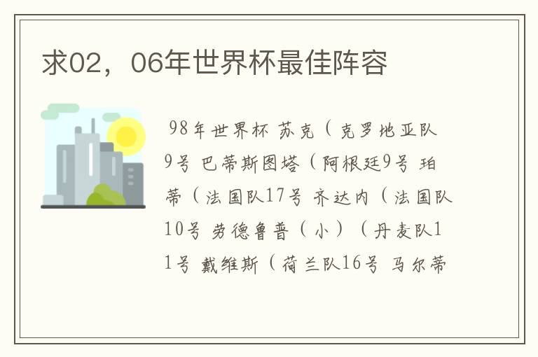 求02,06年世界杯最佳阵容