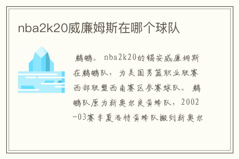 nba2k20威廉姆斯在哪个球队
