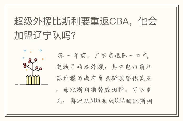 超级外援比斯利要重返CBA,他会加盟辽宁队吗?