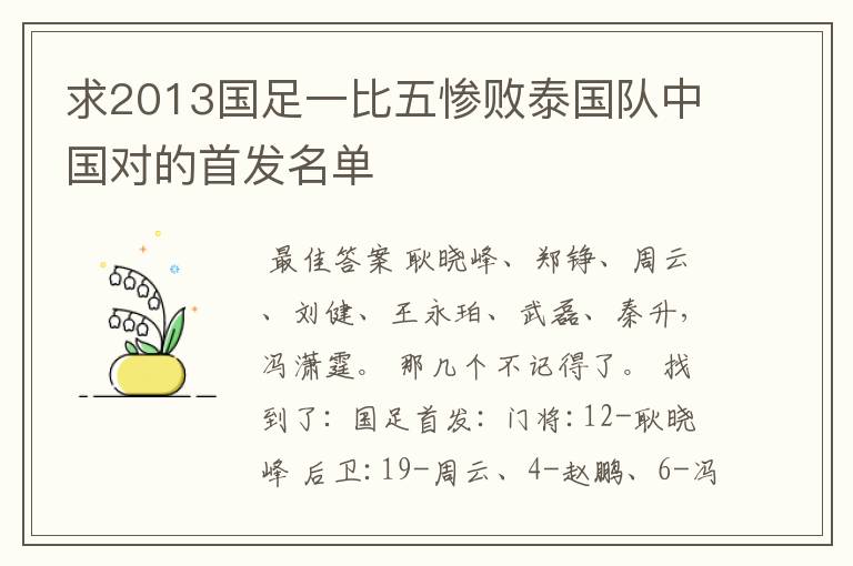 求2013国足一比五惨败泰国队中国对的首发名单