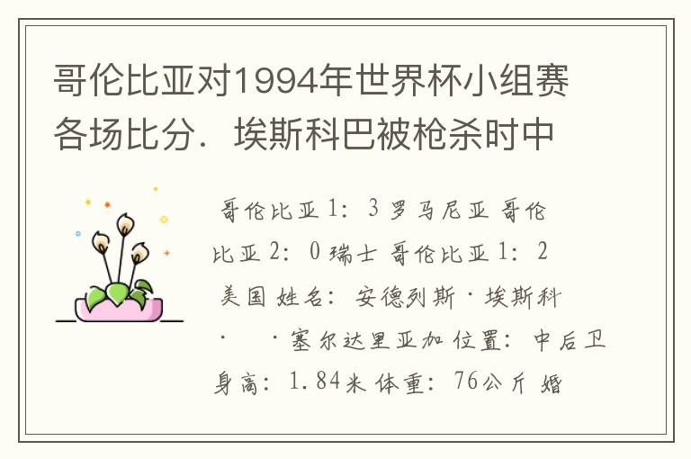 哥伦比亚对1994年世界杯小组赛各场比分.埃斯科巴被枪杀时中了多少枪?