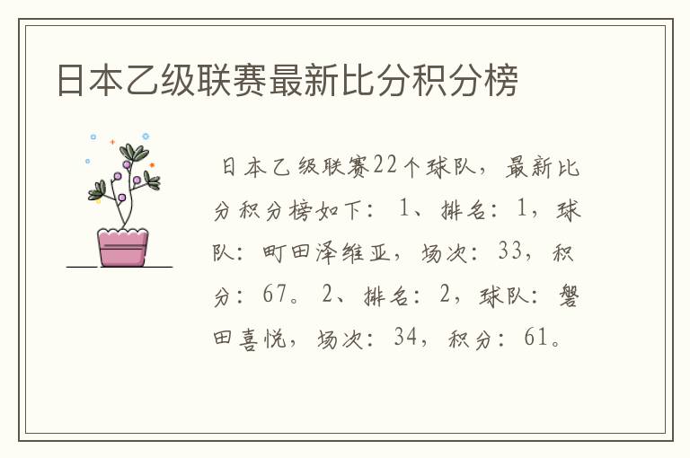 日本乙级联赛最新比分积分榜