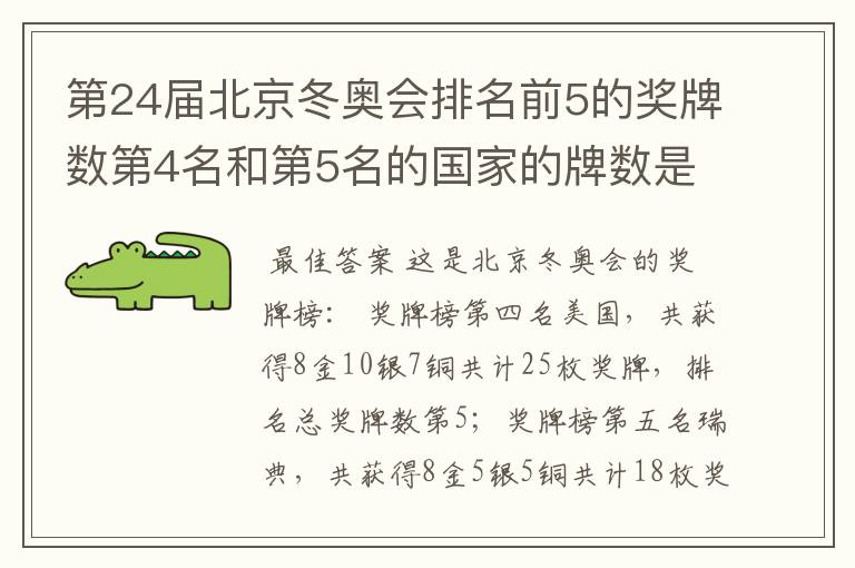 第24届北京冬奥会排名前5的奖牌数第4名和第5名的国家的牌数是多少?