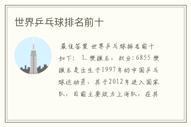 世界乒乓球排名前十