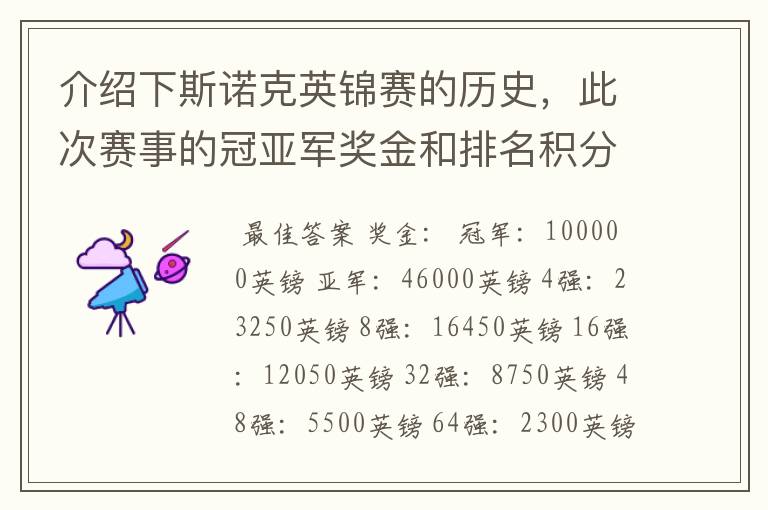 介绍下斯诺克英锦赛的历史,此次赛事的冠亚军奖金和排名积分各是多少?