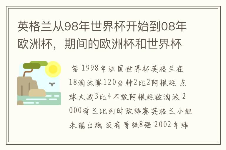 英格兰从98年世界杯开始到08年欧洲杯,期间的欧洲杯和世界杯分别被那些球队淘汰的?
