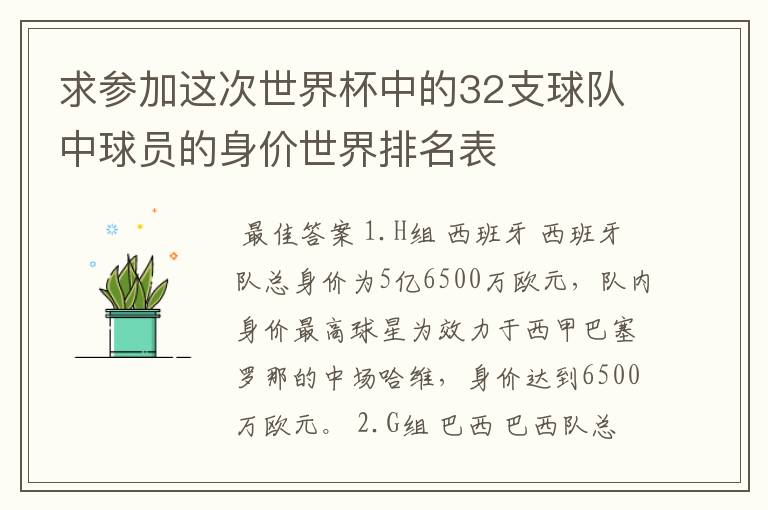 求参加这次世界杯中的32支球队中球员的身价世界排名表