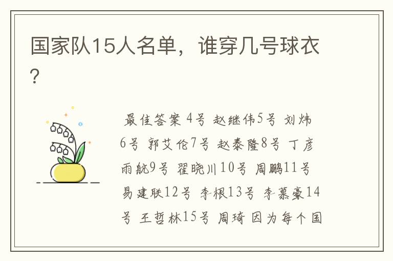 国家队15人名单,谁穿几号球衣?