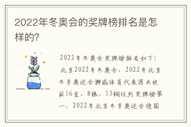 2022年冬奥会的奖牌榜排名是怎样的?
