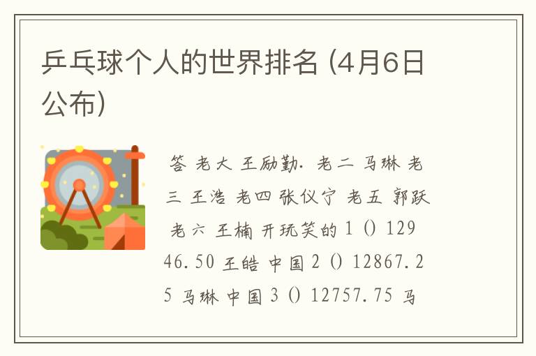 乒乓球个人的世界排名 (4月6日公布)
