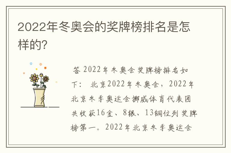 2022年冬奥会的奖牌榜排名是怎样的？