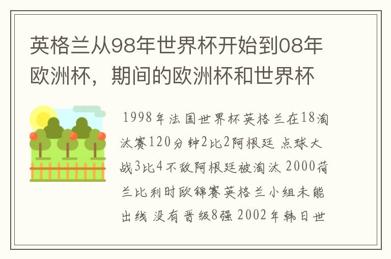 英格兰从98年世界杯开始到08年欧洲杯，期间的欧洲杯和世界杯分别被那些球队淘汰的？