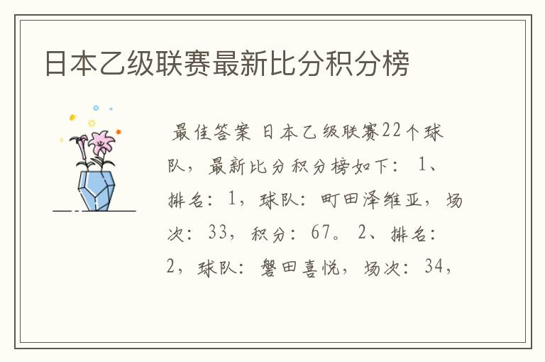 日本乙级联赛最新比分积分榜