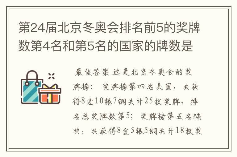 第24届北京冬奥会排名前5的奖牌数第4名和第5名的国家的牌数是多少?