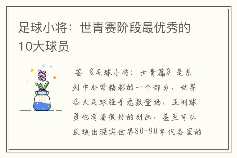 足球小将:世青赛阶段最优秀的10大球员