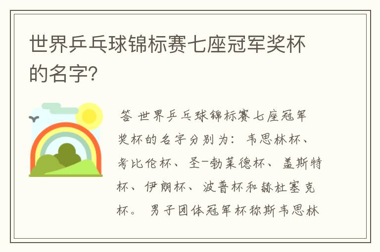 世界乒乓球锦标赛七座冠军奖杯的名字?