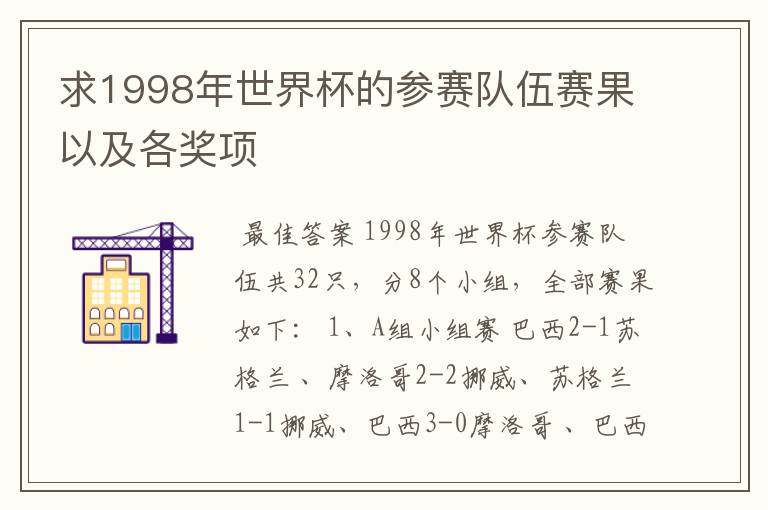 求1998年世界杯的参赛队伍赛果以及各奖项