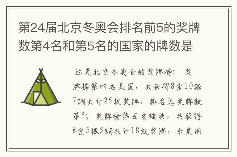第24届北京冬奥会排名前5的奖牌数第4名和第5名的国家的牌数是多少?