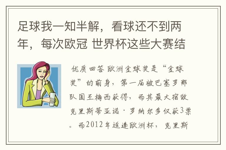 足球我一知半解,看球还不到两年,每次欧冠 世界杯这些大赛结束后不是都要评什么金球奖,金靴奖什么的吗?