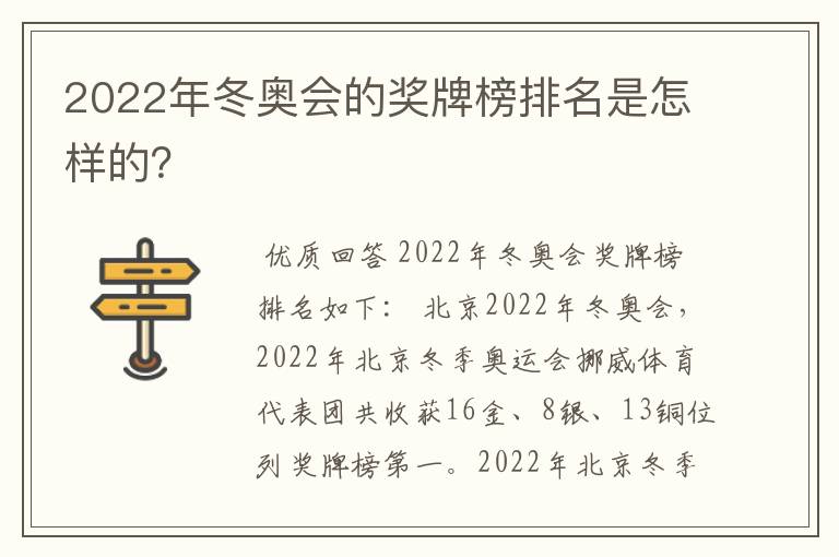 2022年冬奥会的奖牌榜排名是怎样的?