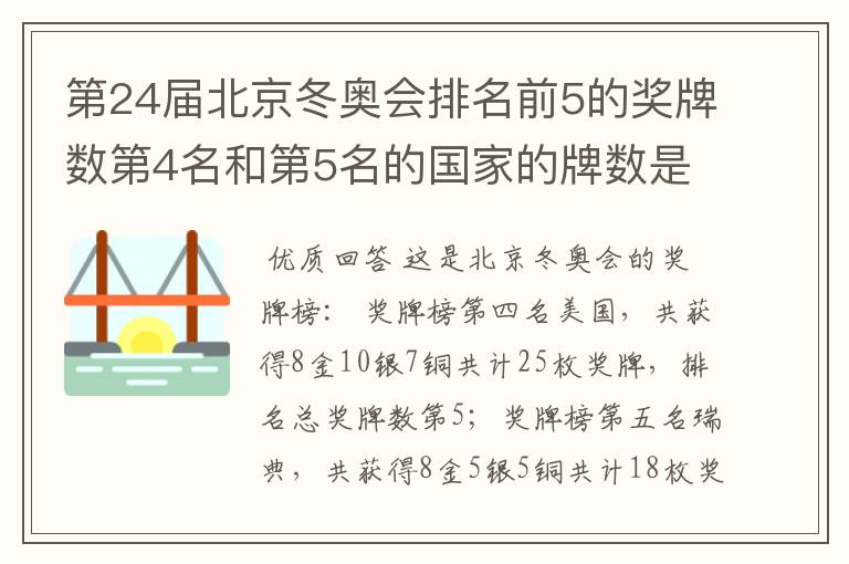第24届北京冬奥会排名前5的奖牌数第4名和第5名的国家的牌数是多少?