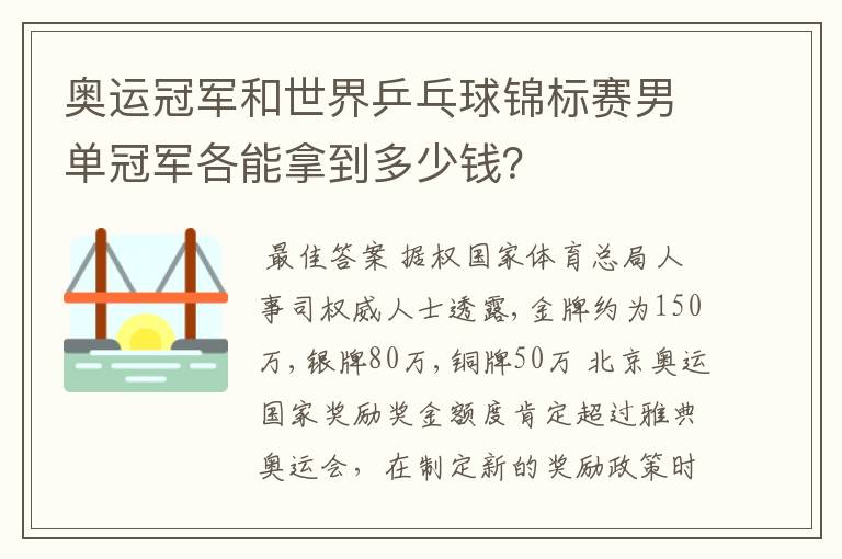 奥运冠军和世界乒乓球锦标赛男单冠军各能拿到多少钱?