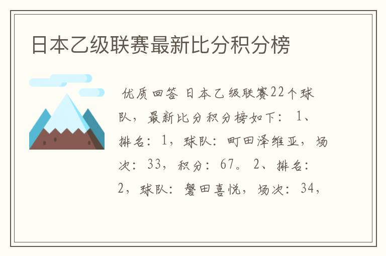 日本乙级联赛最新比分积分榜