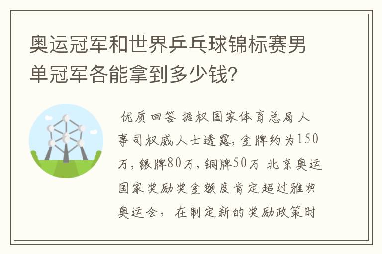 奥运冠军和世界乒乓球锦标赛男单冠军各能拿到多少钱?