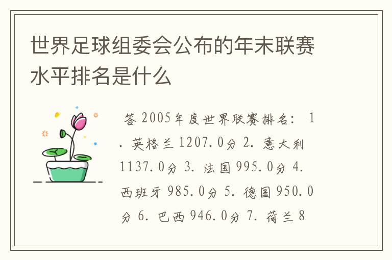 世界足球组委会公布的年末联赛水平排名是什么