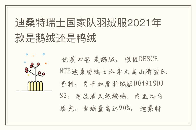 迪桑特瑞士国家队羽绒服2021年款是鹅绒还是鸭绒