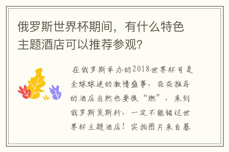 俄罗斯世界杯期间，有什么特色主题酒店可以推荐参观？
