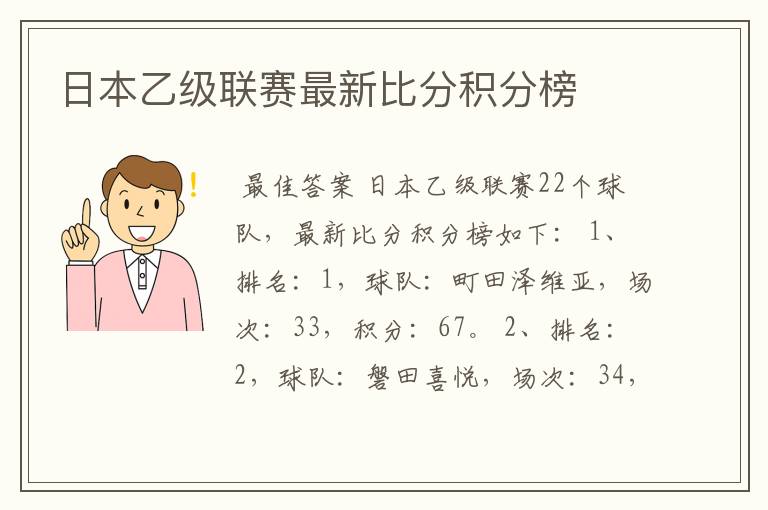 日本乙级联赛最新比分积分榜