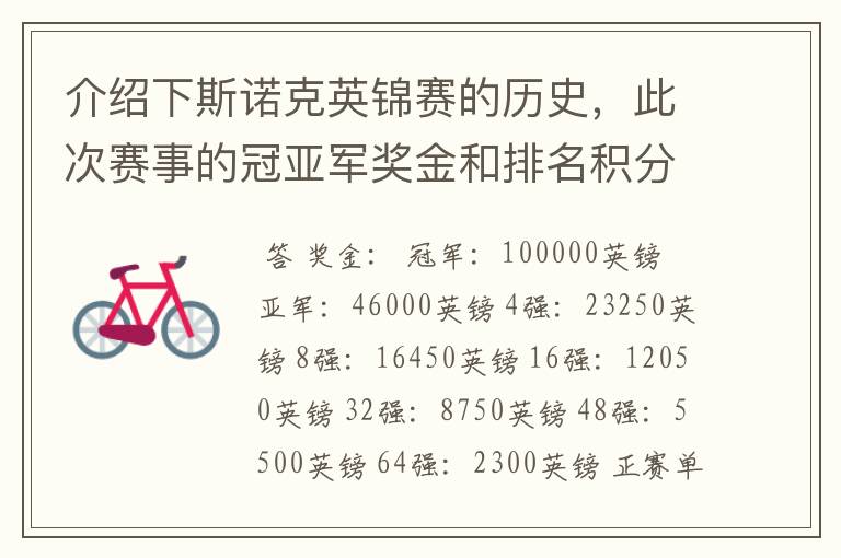 介绍下斯诺克英锦赛的历史,此次赛事的冠亚军奖金和排名积分各是多少?